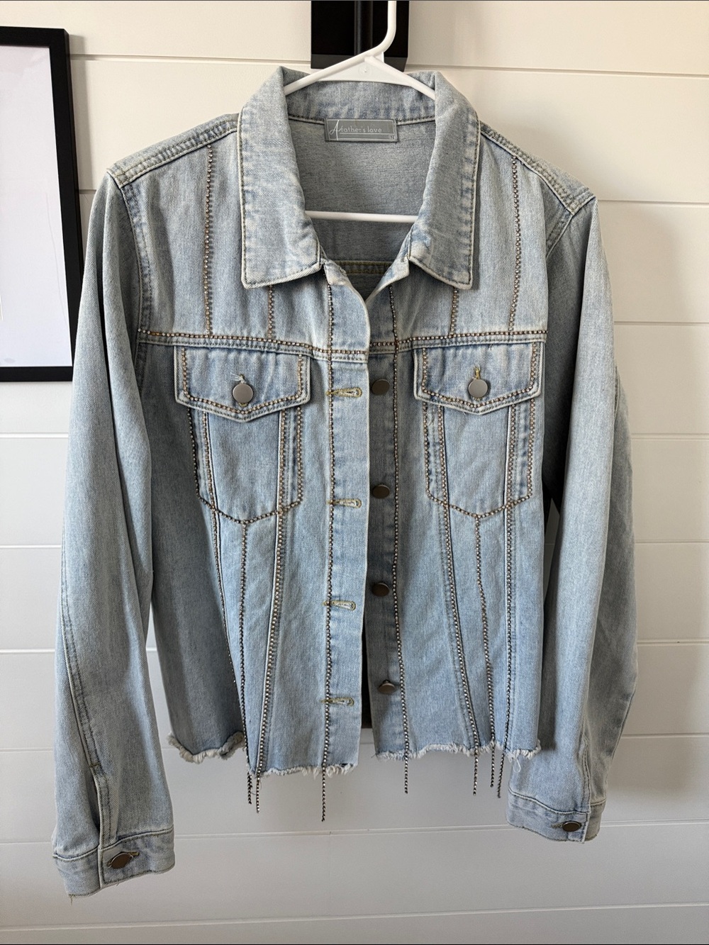 Boutique Light Blue Denim Jacket with Rhinestone Trim